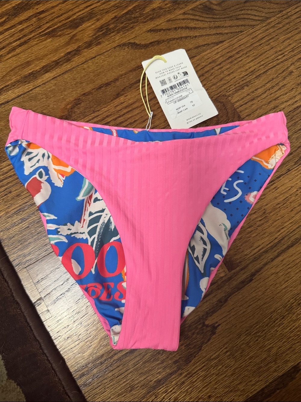 Maaji Hot Pink Ribbed Reversible Bikini Bottom